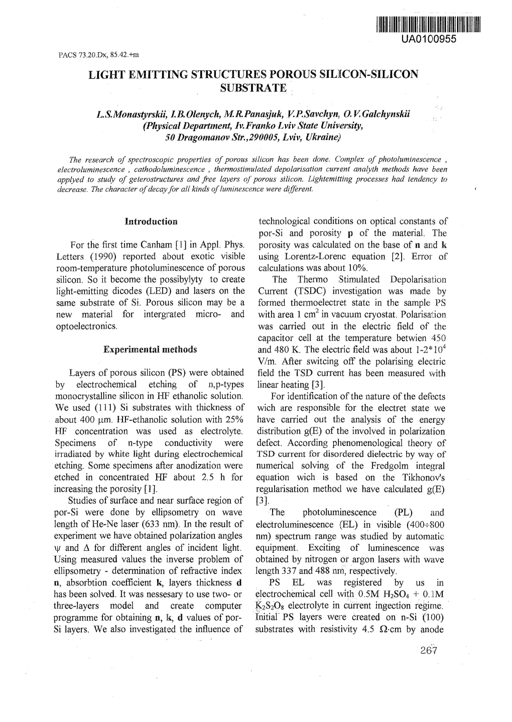 Light Emitting Structures Porous Silicon-Silicon Substrate ;