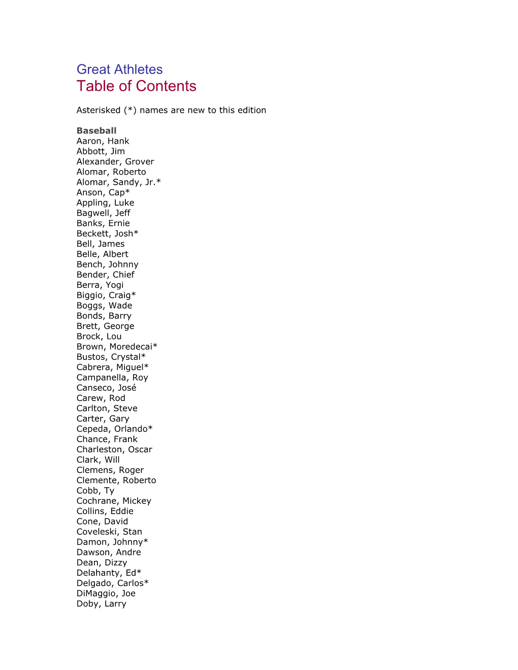 Great Athletes Table of Contents