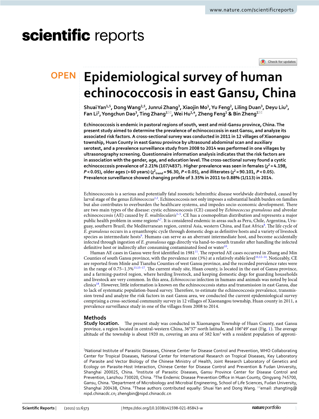 Epidemiological Survey of Human Echinococcosis in East Gansu, China