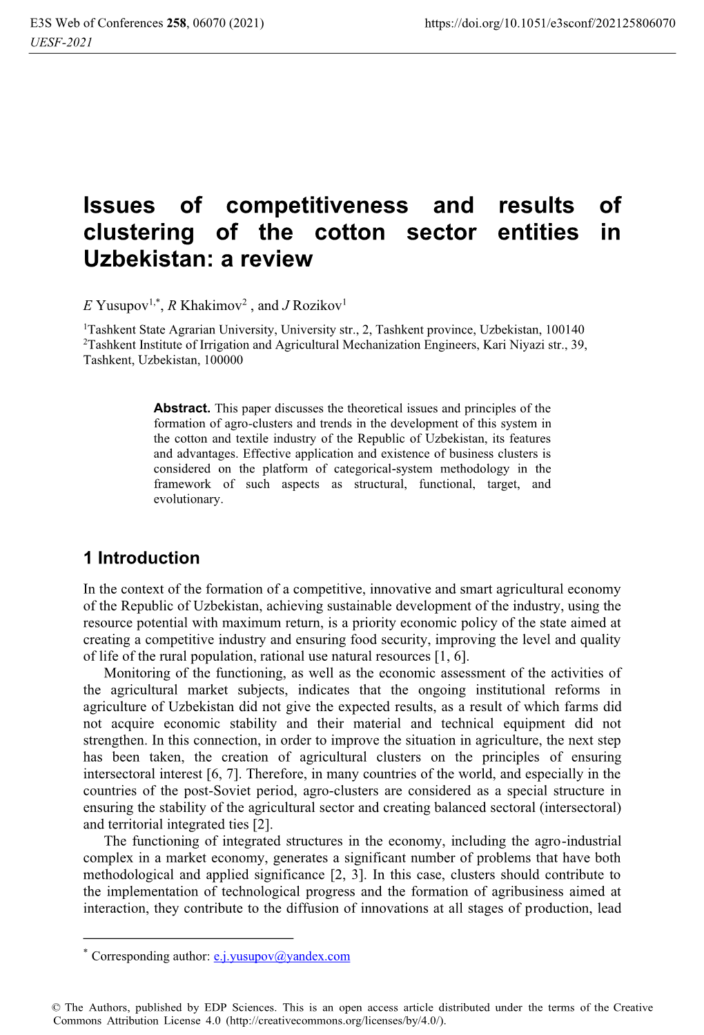 Issues of Competitiveness and Results of Clustering of the Cotton Sector Entities in Uzbekistan: a Review