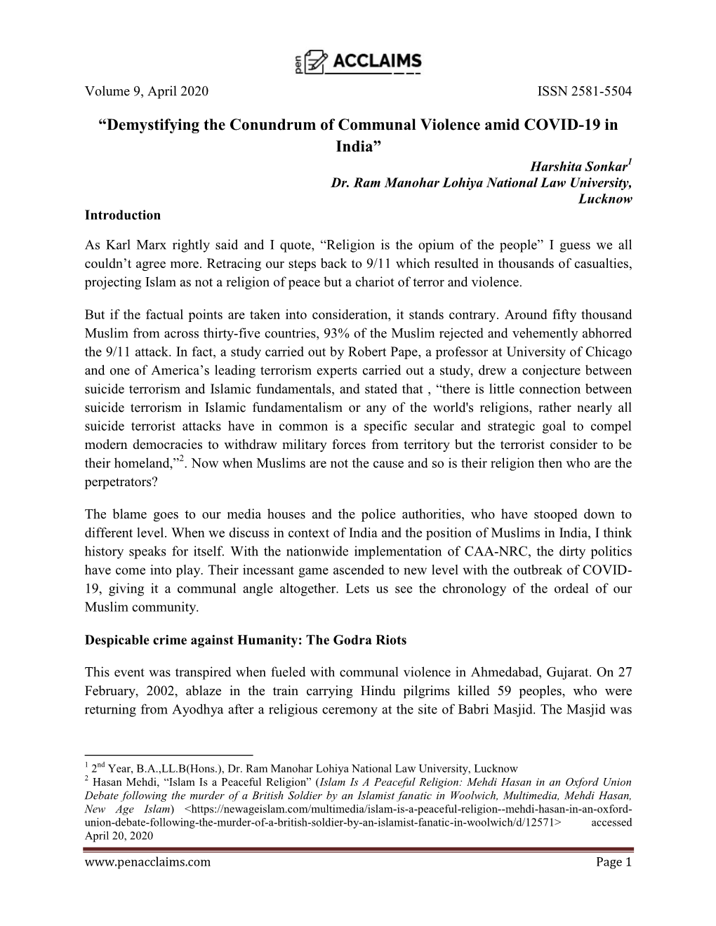 Demystifying the Conundrum of Communal Violence Amid COVID-19 in India” Harshita Sonkar1 Dr