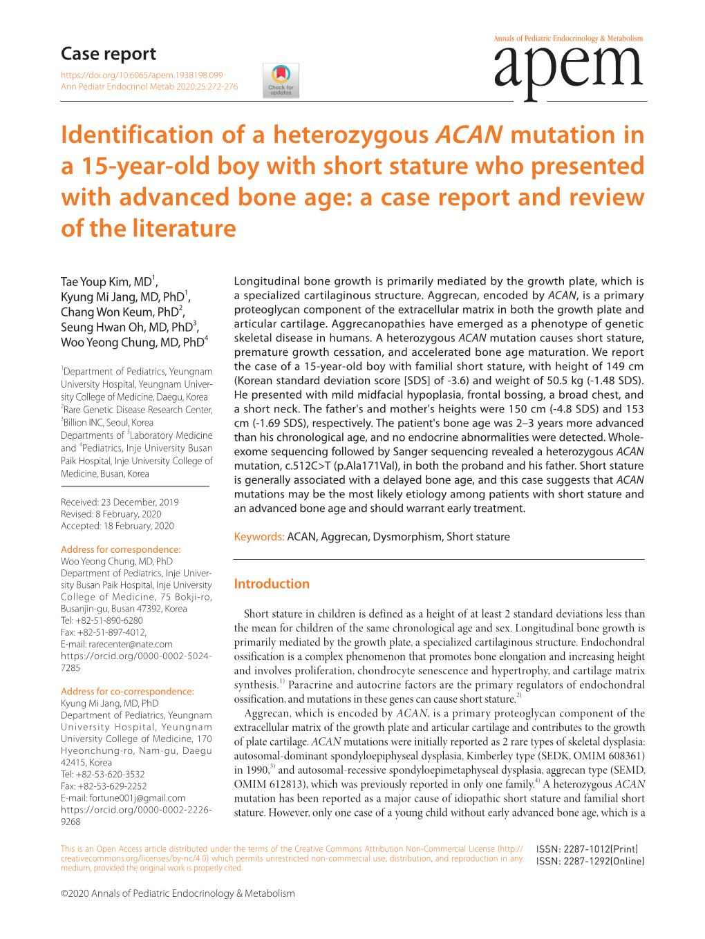 Identification of a Heterozygous ACAN Mutation in a 15-Year-Old Boy With