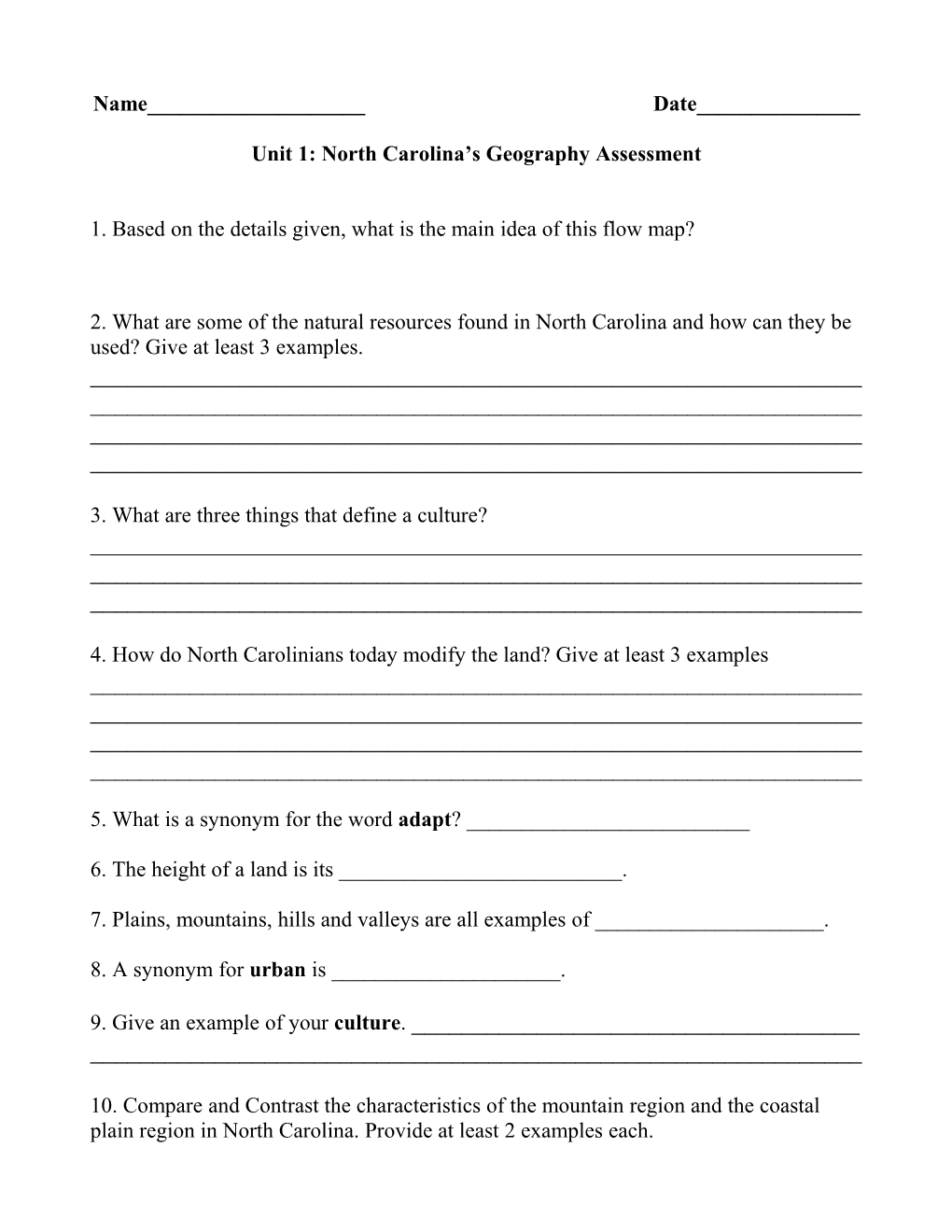 Unit 1: North Carolina S Geography Assessment