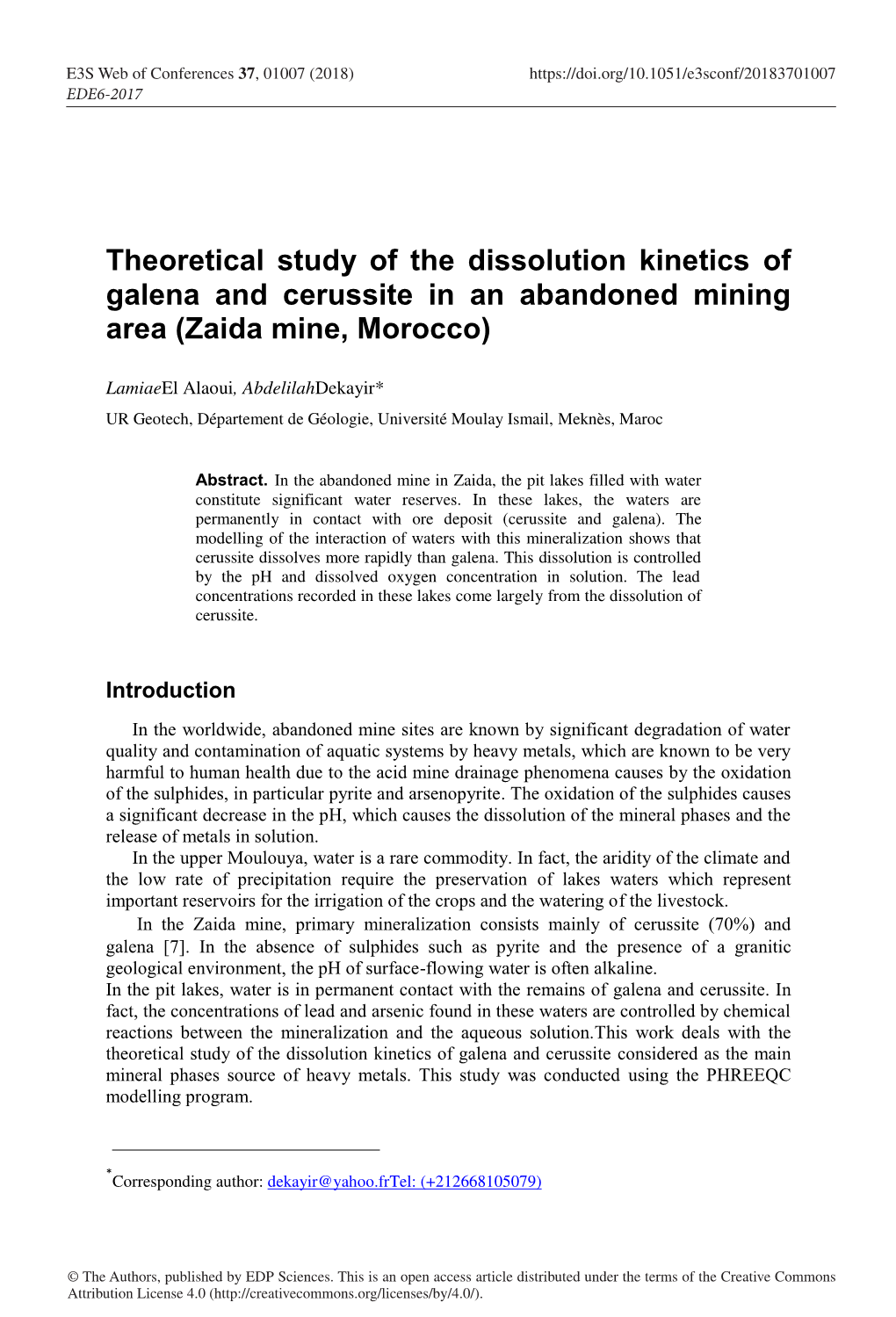 Theoretical Study of the Dissolution Kinetics of Galena and Cerussite in an Abandoned Mining Area (Zaida Mine, Morocco)