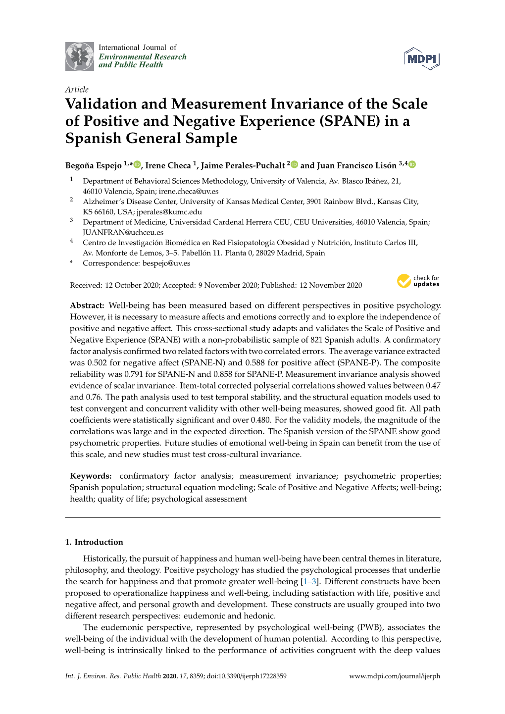 Validation and Measurement Invariance of the Scale of Positive and Negative Experience (SPANE) in a Spanish General Sample