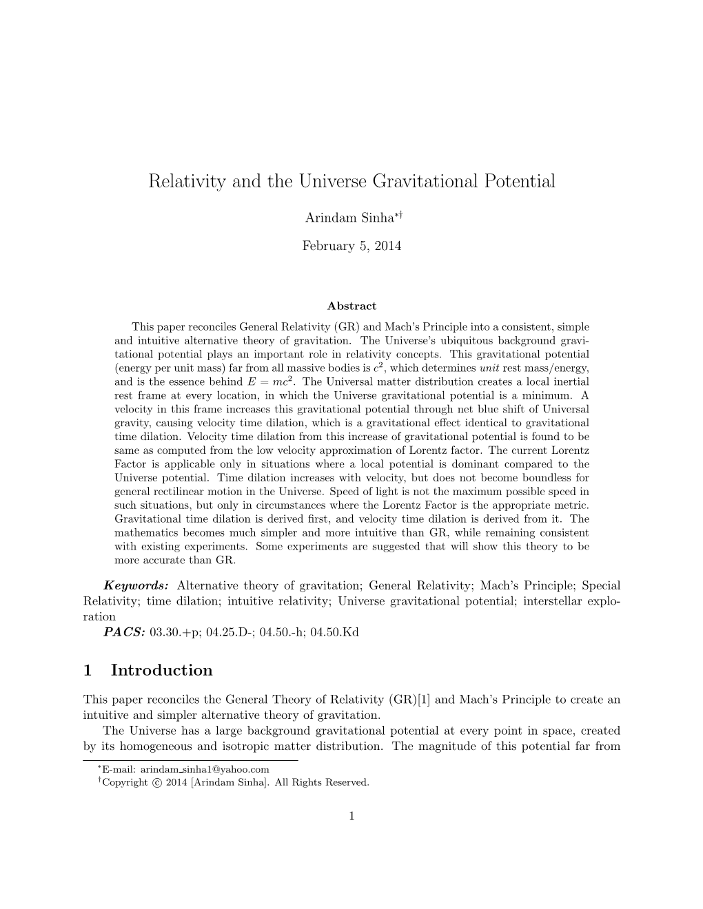 Relativity and the Universe Gravitational Potential