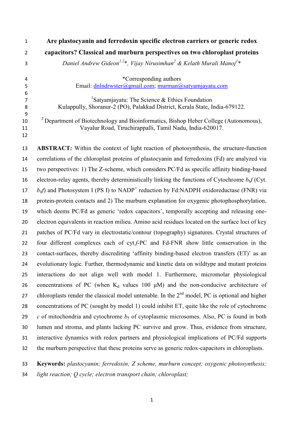 Are Plastocyanin and Ferredoxin Specific Electron Carriers Or Generic Redox Capacitors?