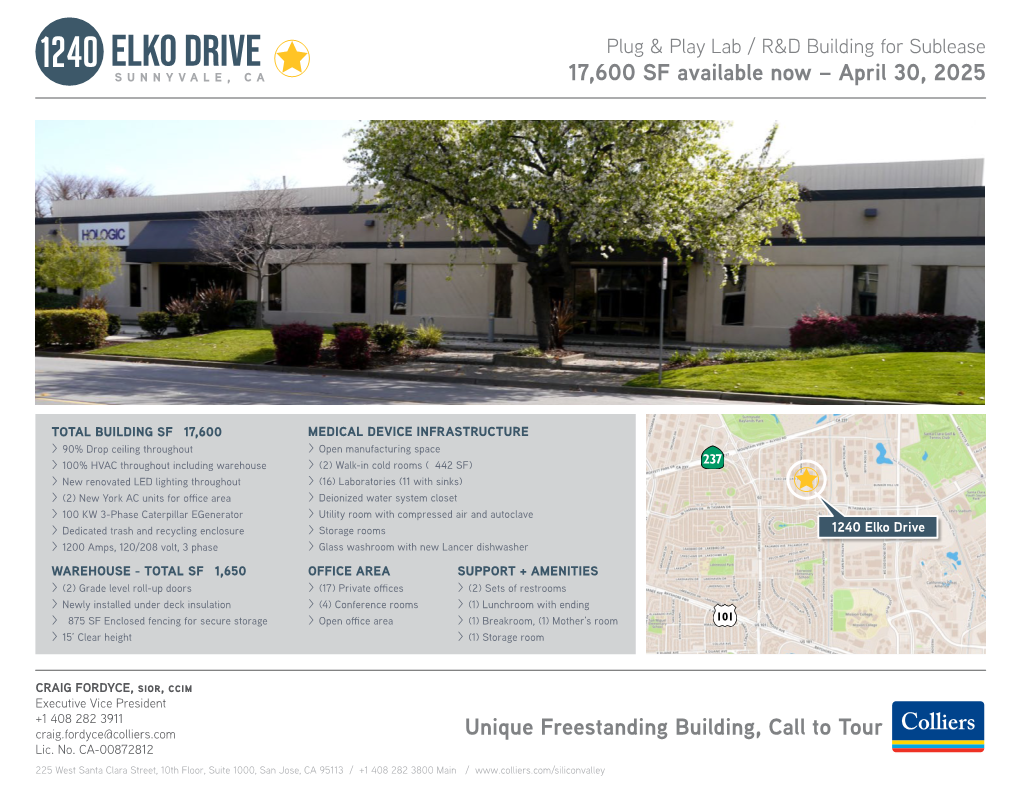 1240 Elko Drive ± SUNNYVALE, CA 17,600 SF Available Now – April 30, 2025
