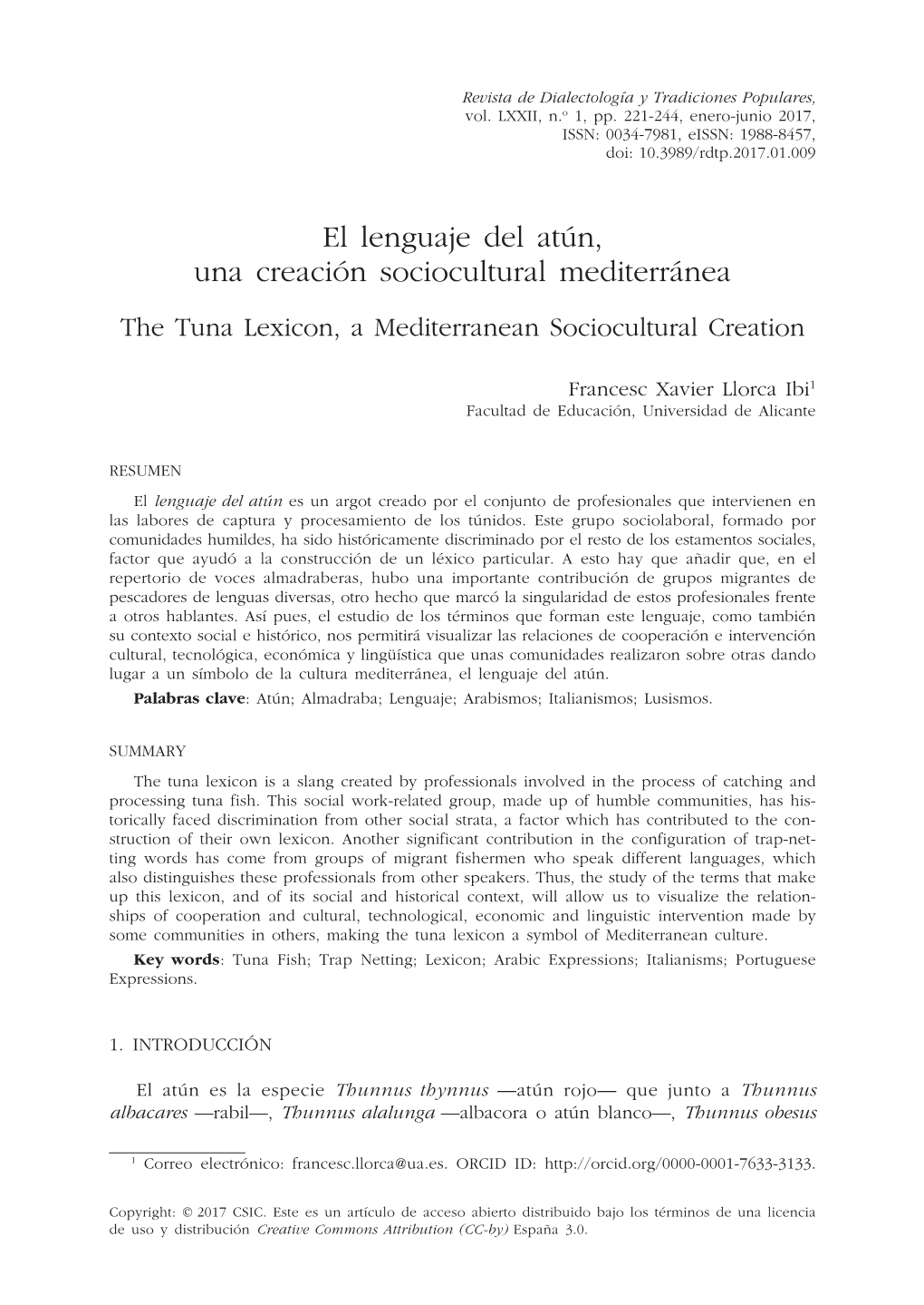 El Lenguaje Del Atún, Una Creación Sociocultural Mediterránea the Tuna Lexicon, a Mediterranean Sociocultural Creation