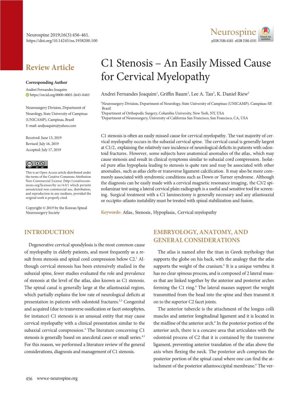 C1 Stenosis – an Easily Missed Cause for Cervical Myelopathy