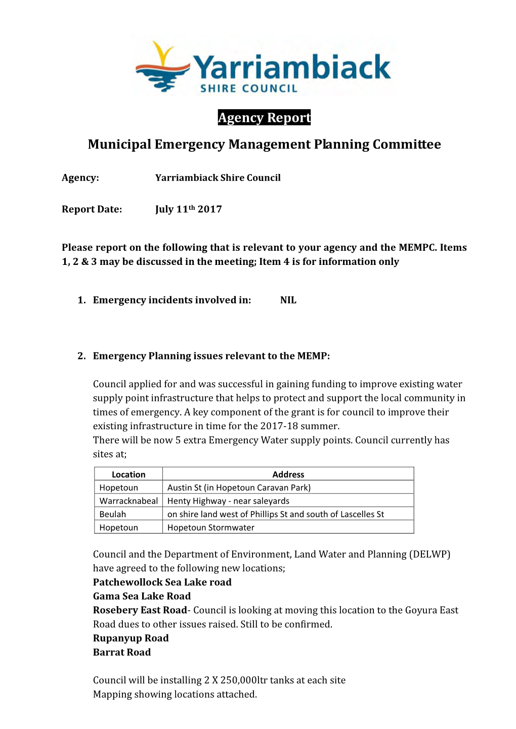 Agenda of the Council Meeting of the Yarriambiack