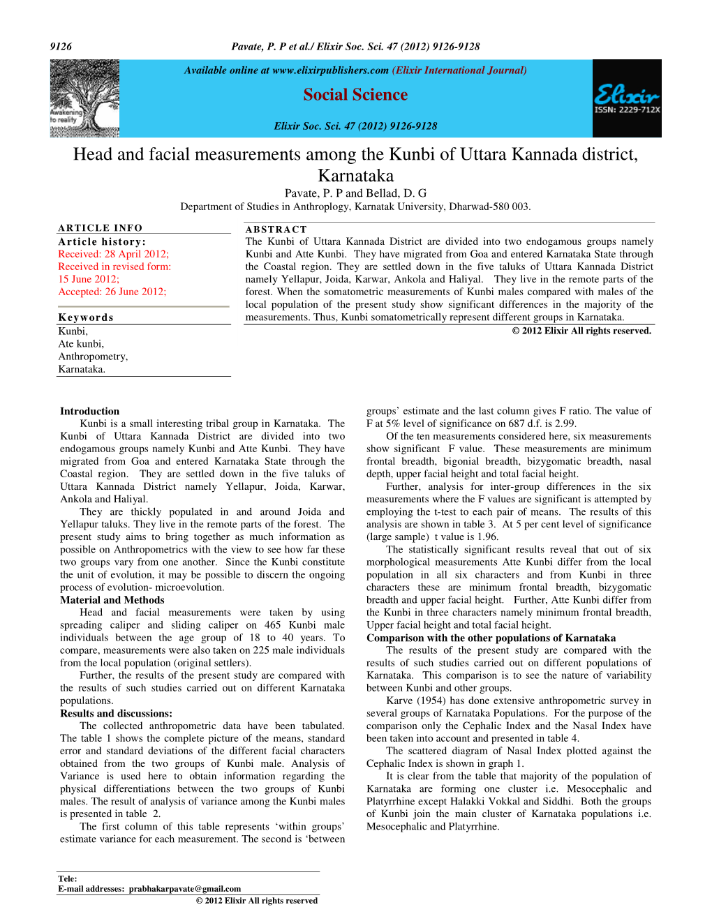 Head and Facial Measurements Among the Kunbi of Uttara Kannada District, Karnataka Pavate, P