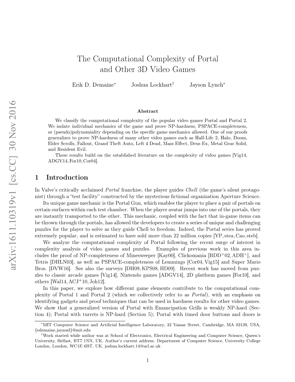 The Computational Complexity of Portal and Other 3D Video Games