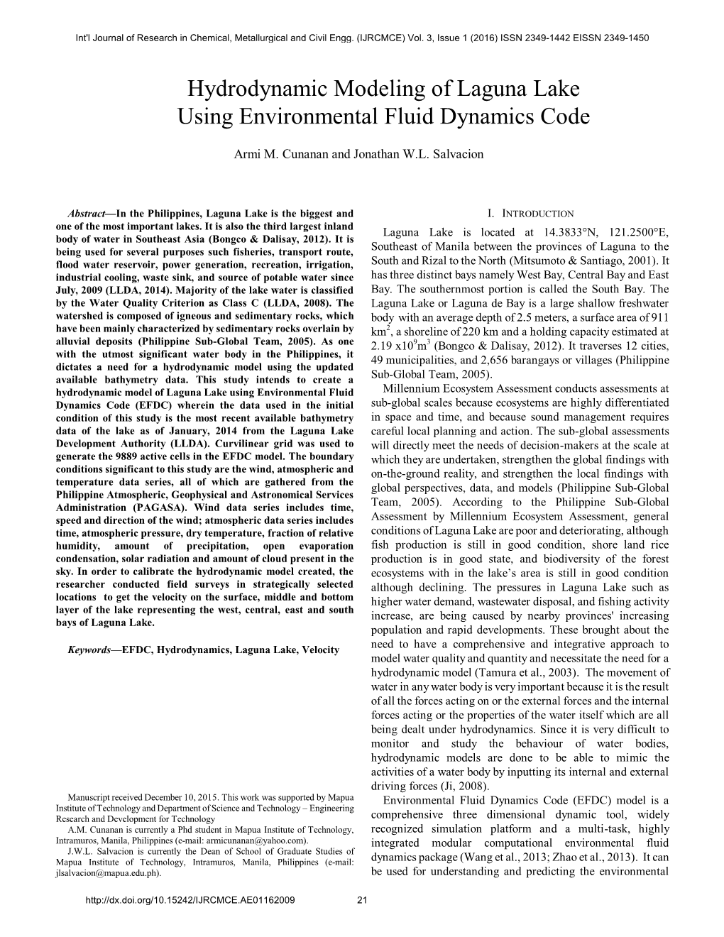 Hydrodynamic Modeling of Laguna Lake Using Environmental Fluid Dynamics Code