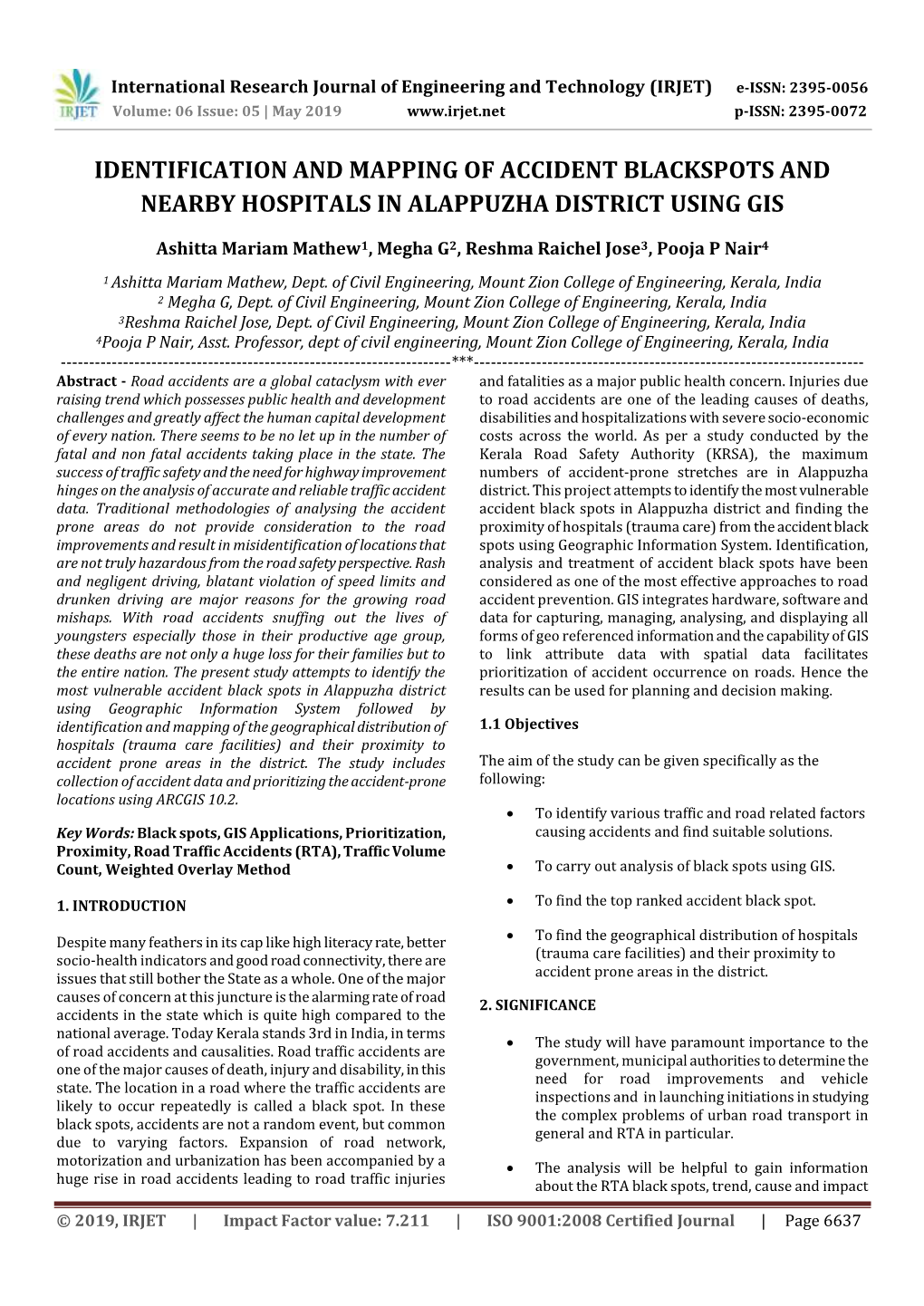 Identification and Mapping of Accident Blackspots and Nearby Hospitals in Alappuzha District Using Gis