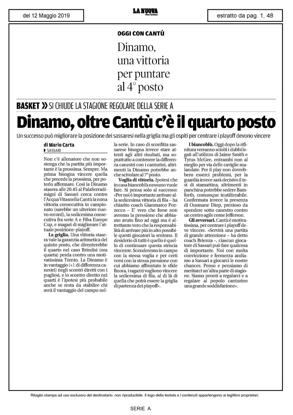 Dinamo, Oltre Cantù C'è Il Quarto Posto