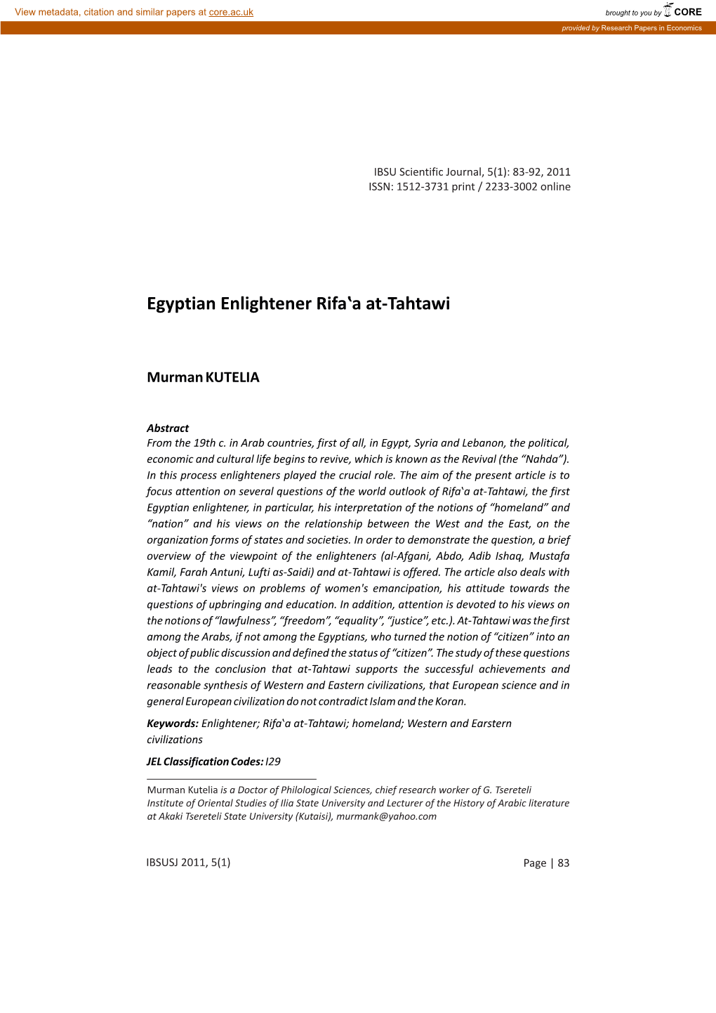 Egyptian Enlightener Rifa‛A At-Tahtawi