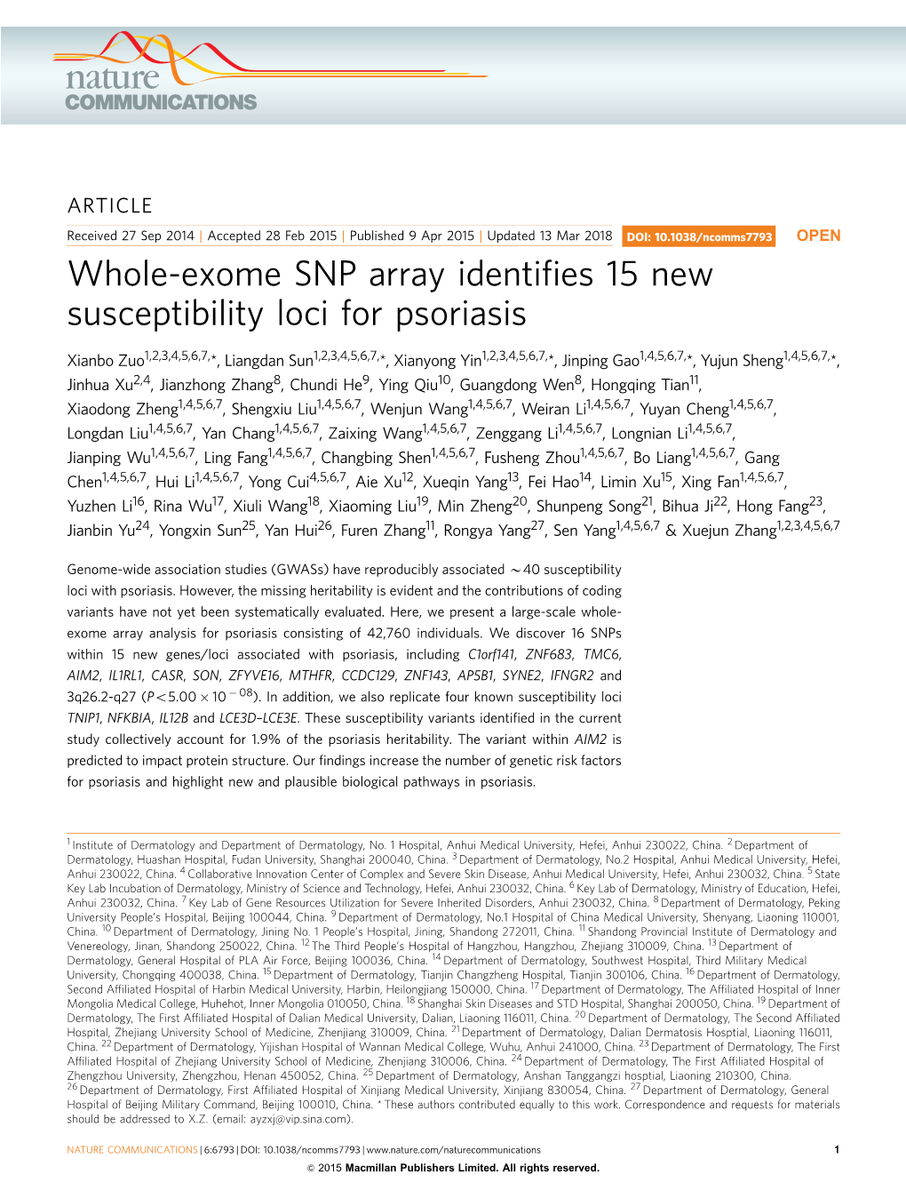 Whole-Exome SNP Array Identifies 15 New Susceptibility Loci for Psoriasis