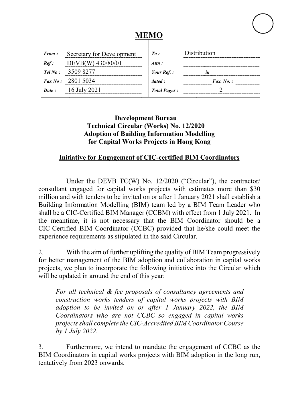 Development Bureau Technical Circular (Works) No. 12/2020 Adoption of Building Information Modelling for Capital Works Projects in Hong Kong