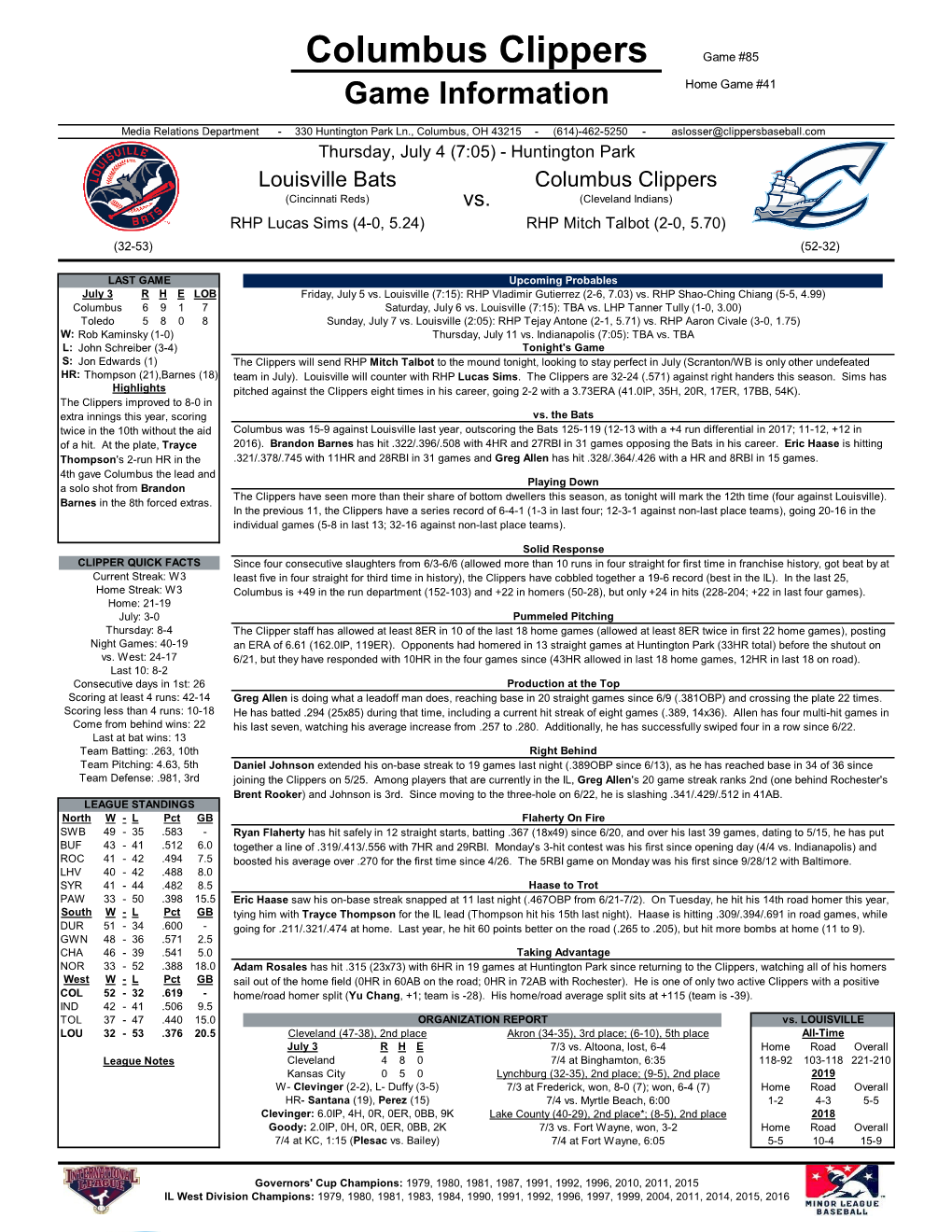 Columbus Clippers Game #85 Game Information Home Game #41