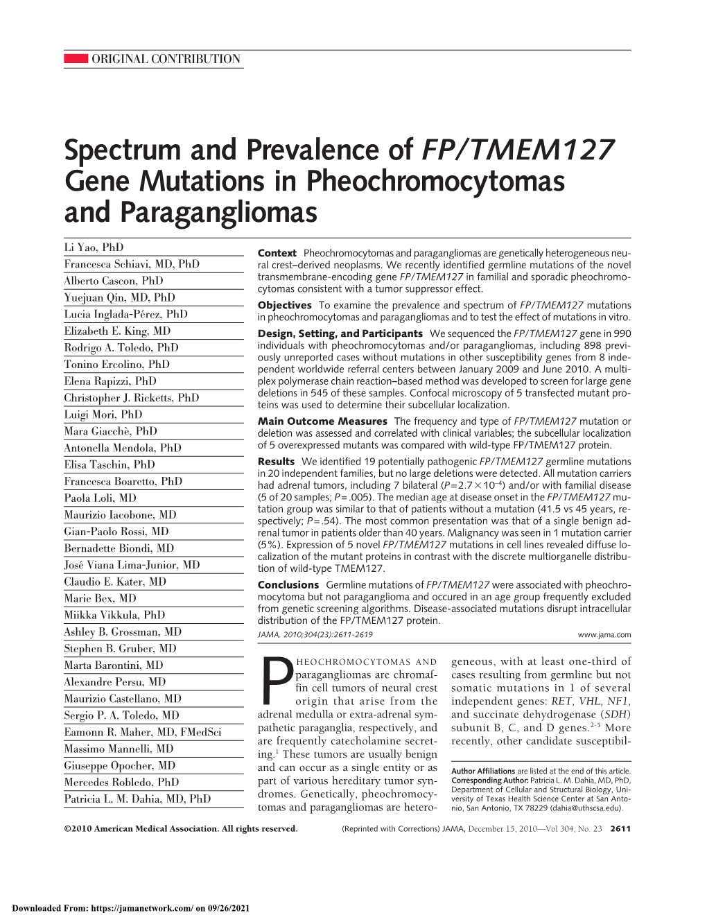 Spectrum and Prevalence of FP/TMEM127 Gene Mutations in Pheochromocytomas and Paragangliomas