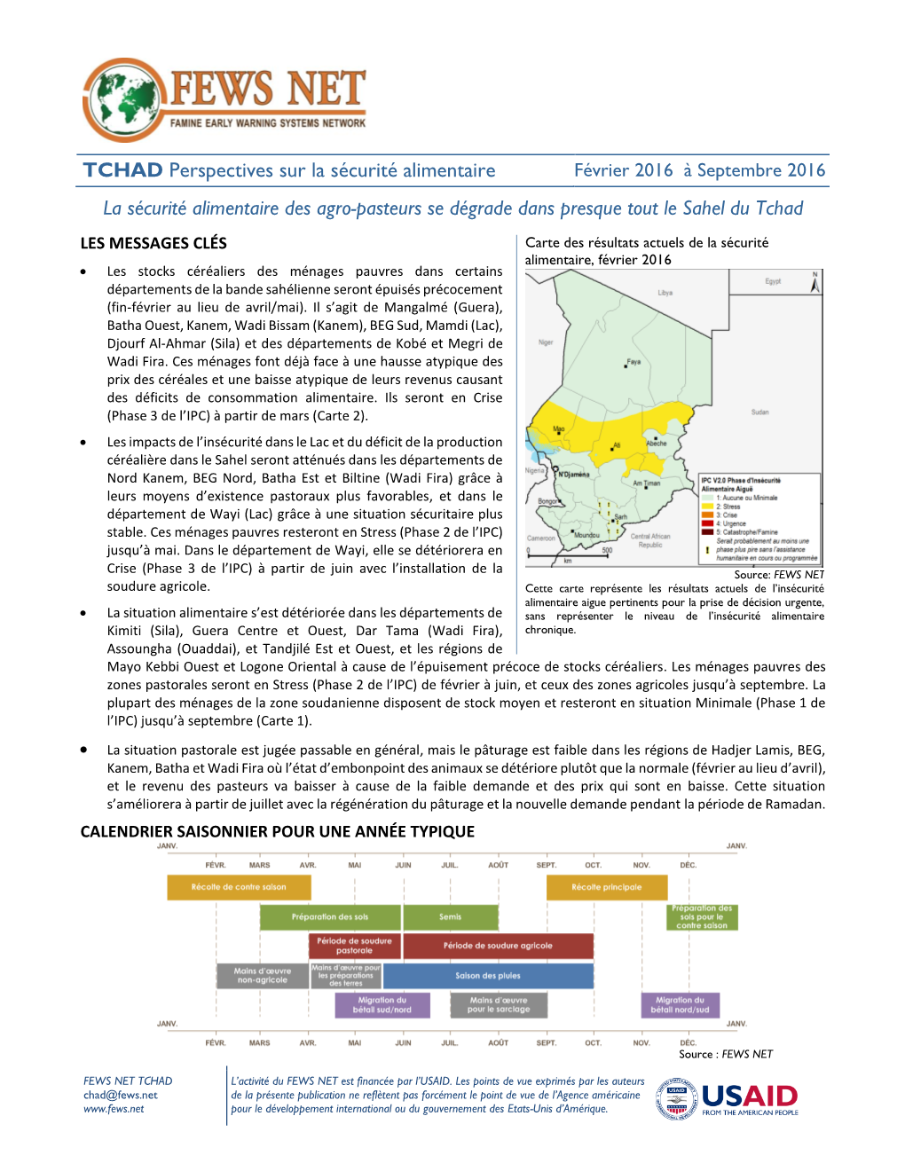 TCHAD Perspectives Sur La Sécurité Alimentaire La Sécurité Alimentaire Des Agro-Pasteurs Se Dégrade Dans Presque Tout Le S