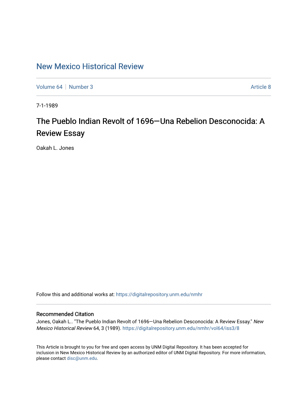 The Pueblo Indian Revolt of 1696—Una Rebelion Desconocida: a Review Essay