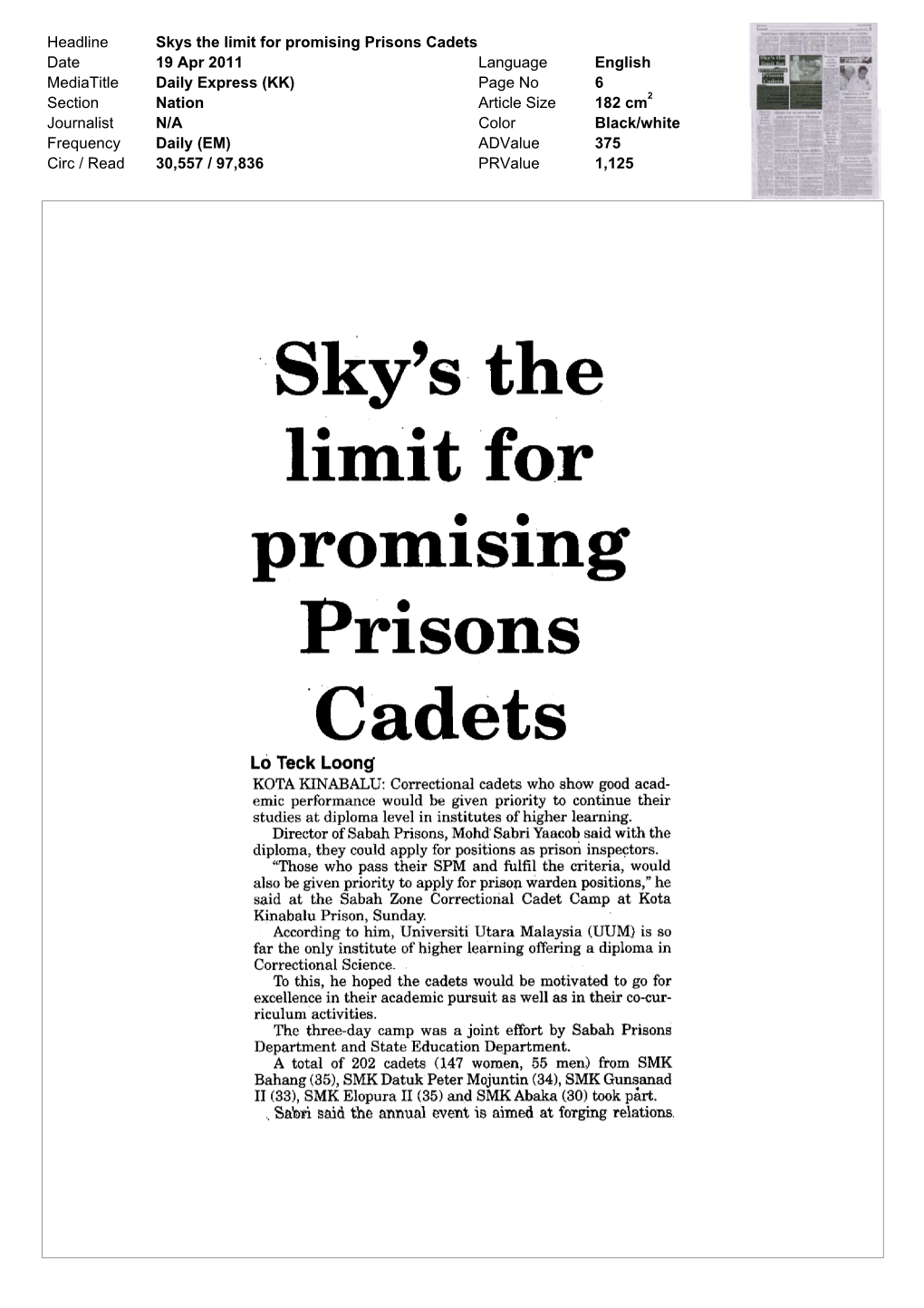Sky S the Limit for Promising Prisons Cadets
