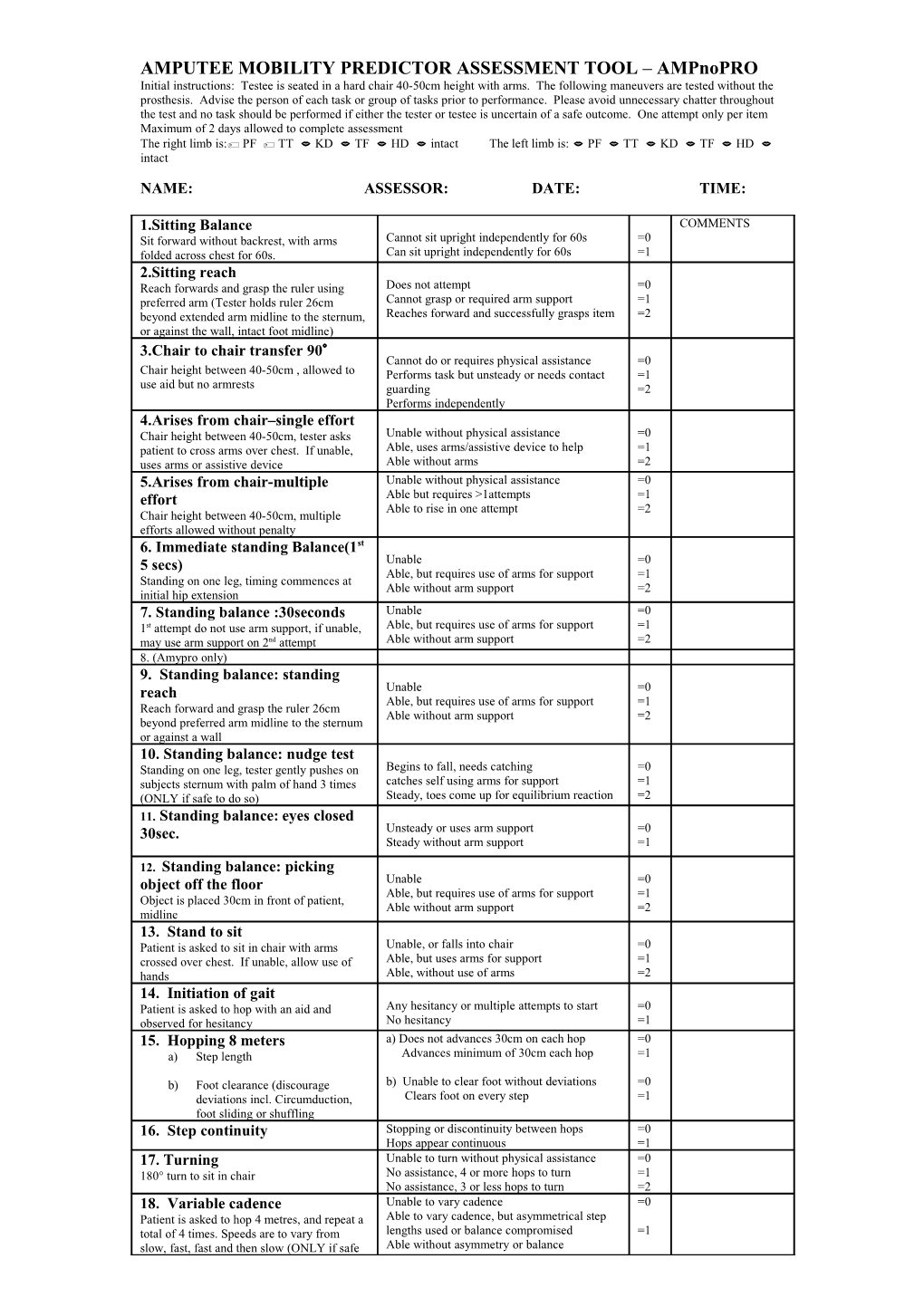 AMPUTEE MOBILITY PREDICTOR ASSESSMENT TOOL Ampnopro