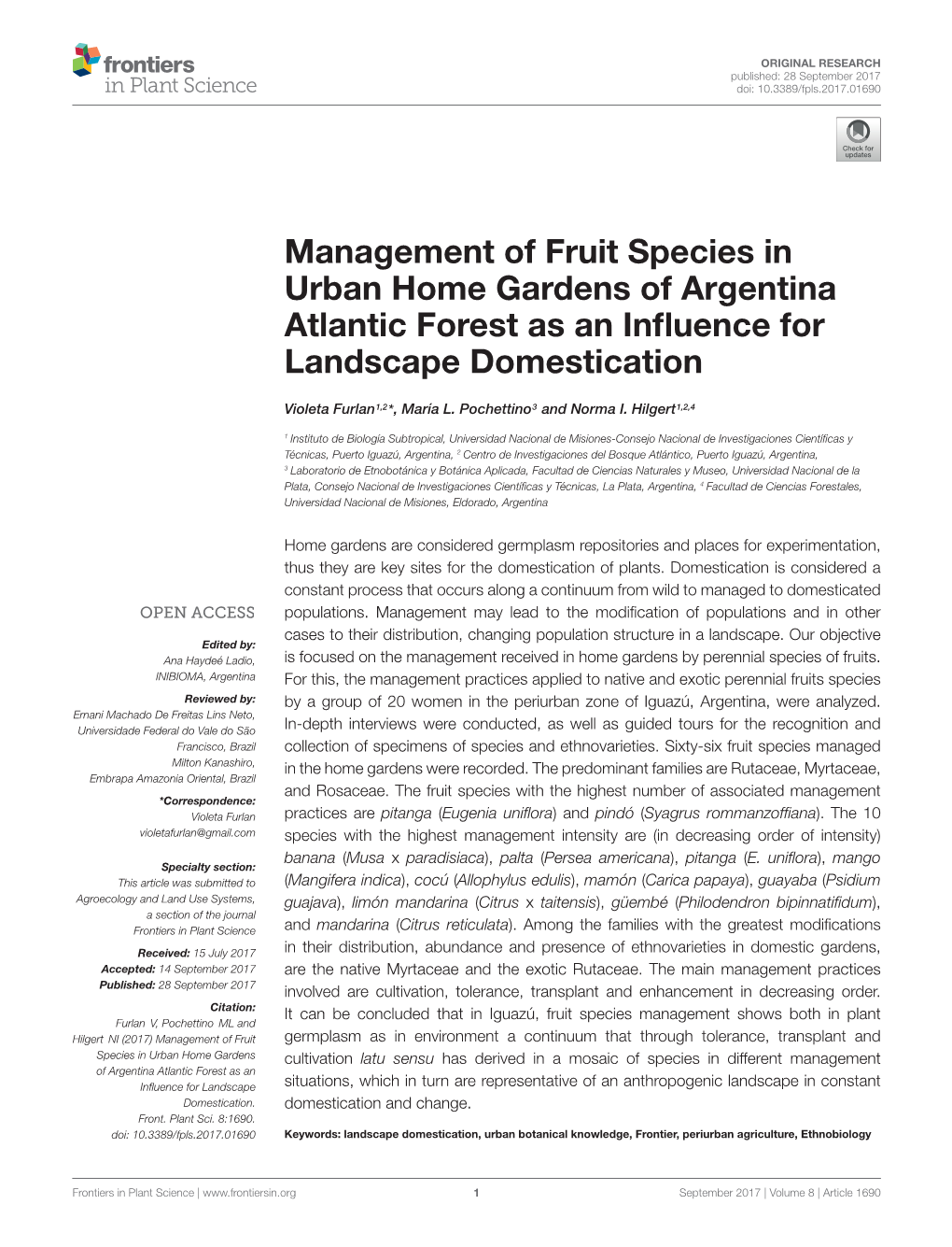 Management of Fruit Species in Urban Home Gardens of Argentina Atlantic Forest As an Inﬂuence for Landscape Domestication