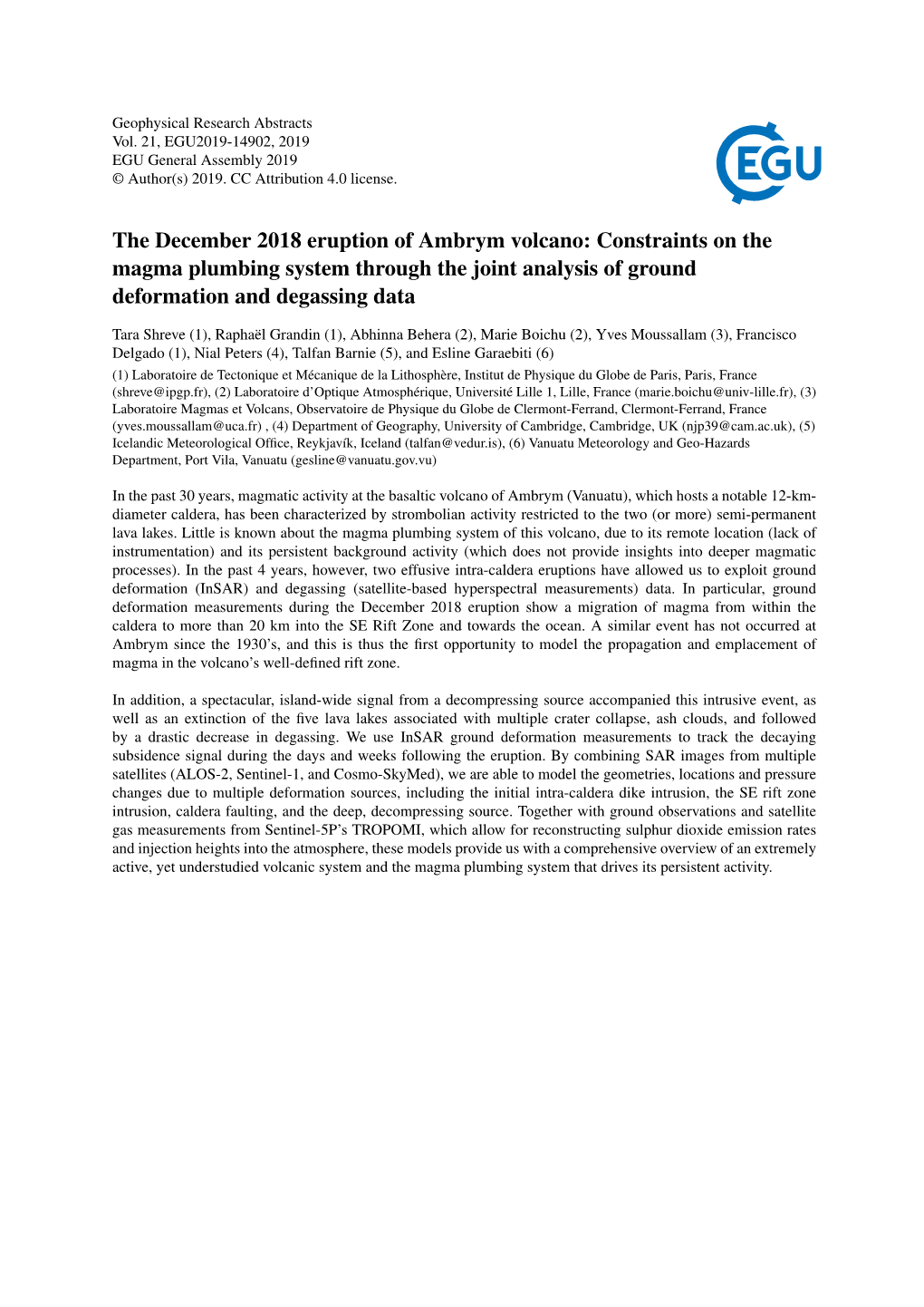 The December 2018 Eruption of Ambrym Volcano: Constraints on the Magma Plumbing System Through the Joint Analysis of Ground Deformation and Degassing Data