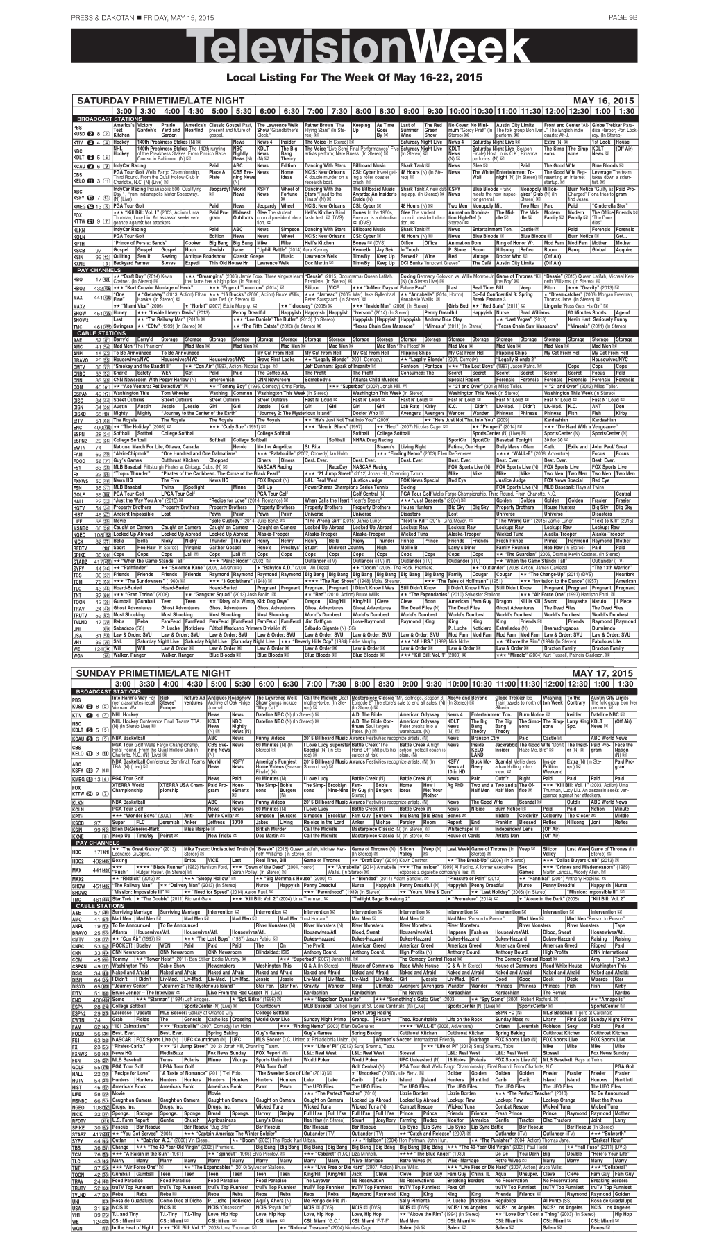 Televisionweek Local Listing for the Week of May 16-22, 2015