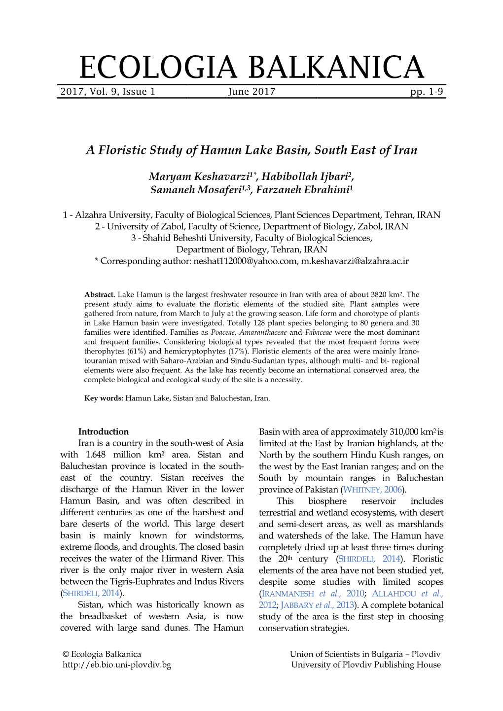 A Floristic Study of Hamun Lake Basin, South East of Iran