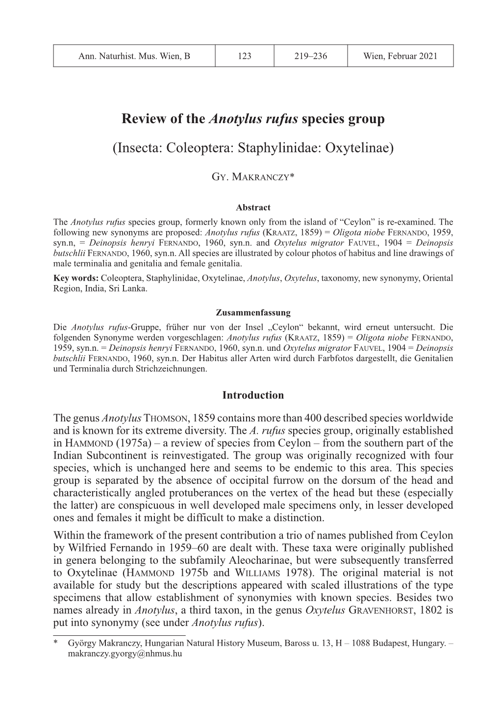 Review of the Anotylus Rufus Species Group (Insecta: Coleoptera: Staphylinidae: Oxytelinae)