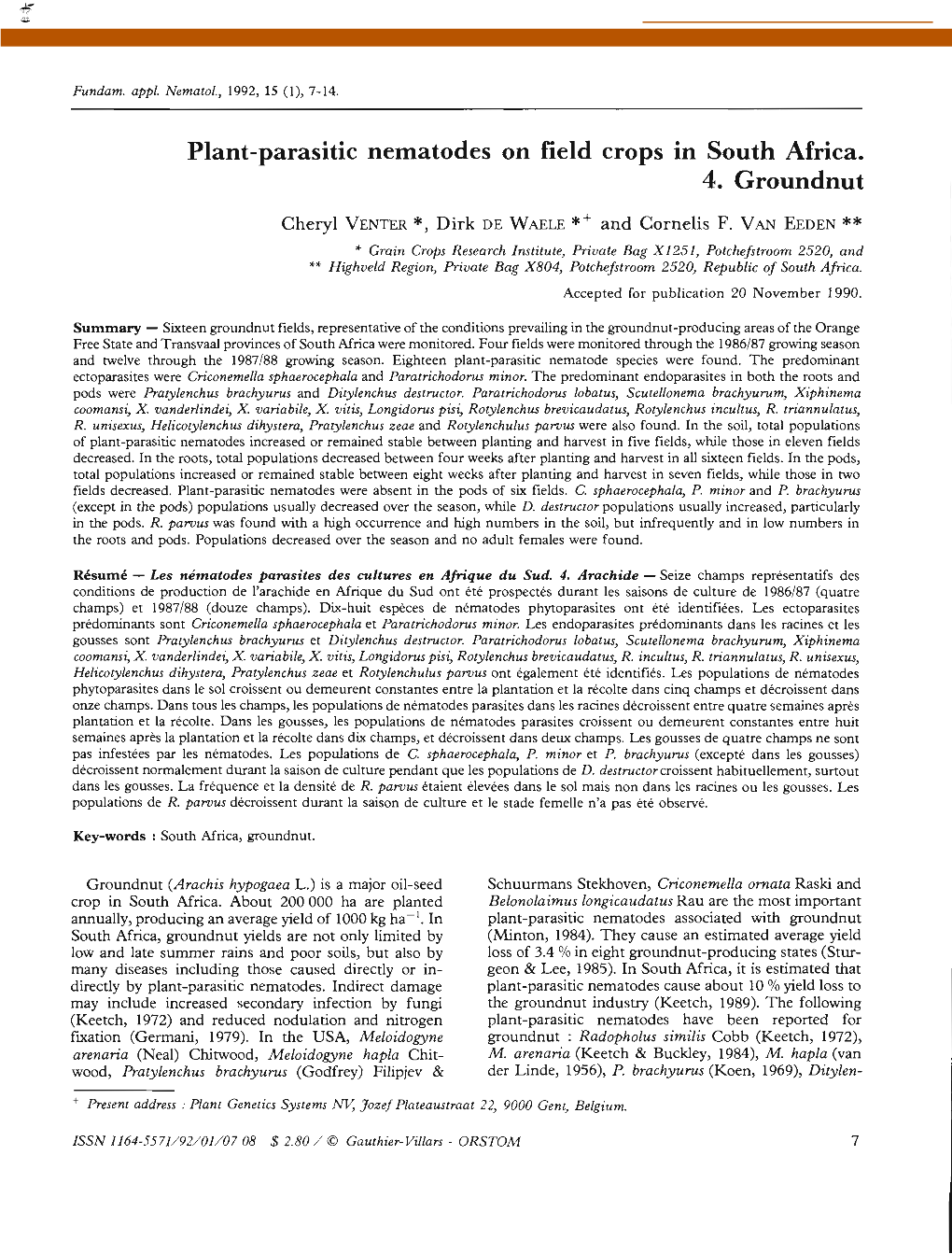 Plant-Parasitic Nematodes on Field Crops in South Africa