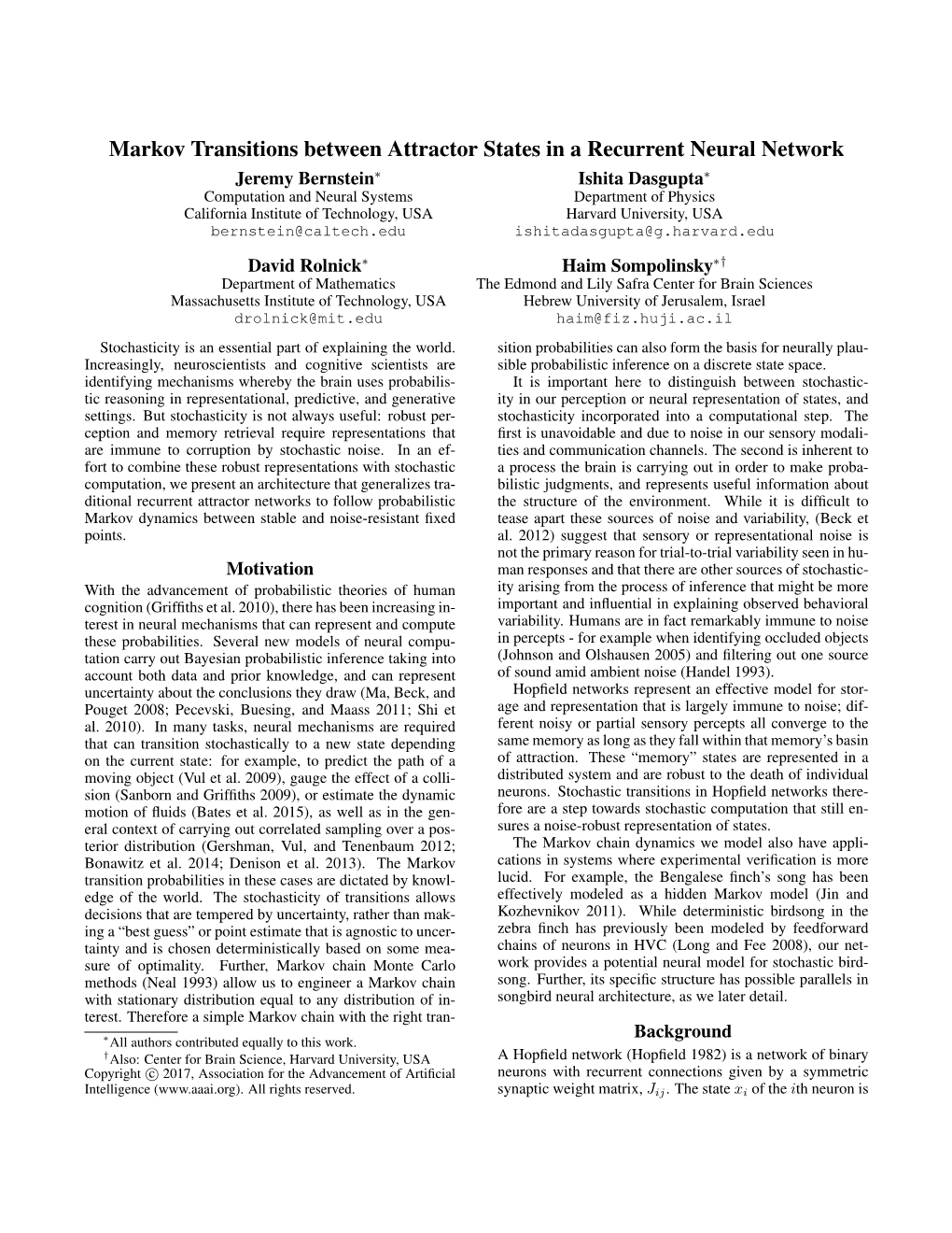 Markov Transitions Between Attractor States in a Recurrent Neural Network