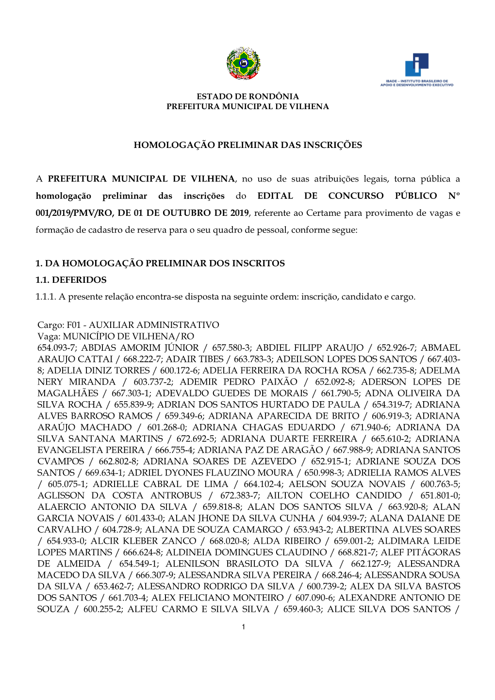 Estado De Rondônia Prefeitura Municipal De Vilhena