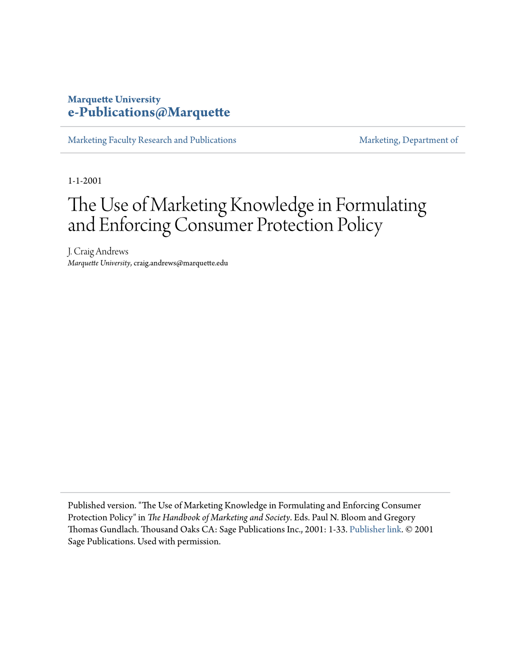 The Use of Marketing Knowledge in Formulating and Enforcing Consumer Protection Policy