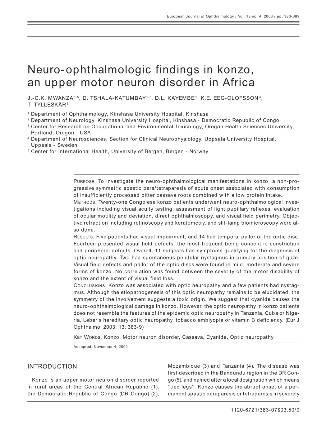 Neuro-Ophthalmologic Findings in Konzo, an Upper Motor Neuron Disorder in Africa