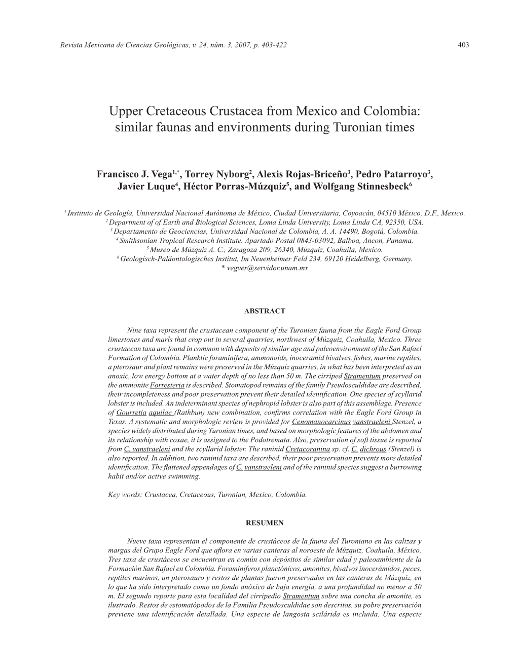 Upper Cretaceous Crustacea from Mexico and Colombia: Similar Faunas and Environments During Turonian Times