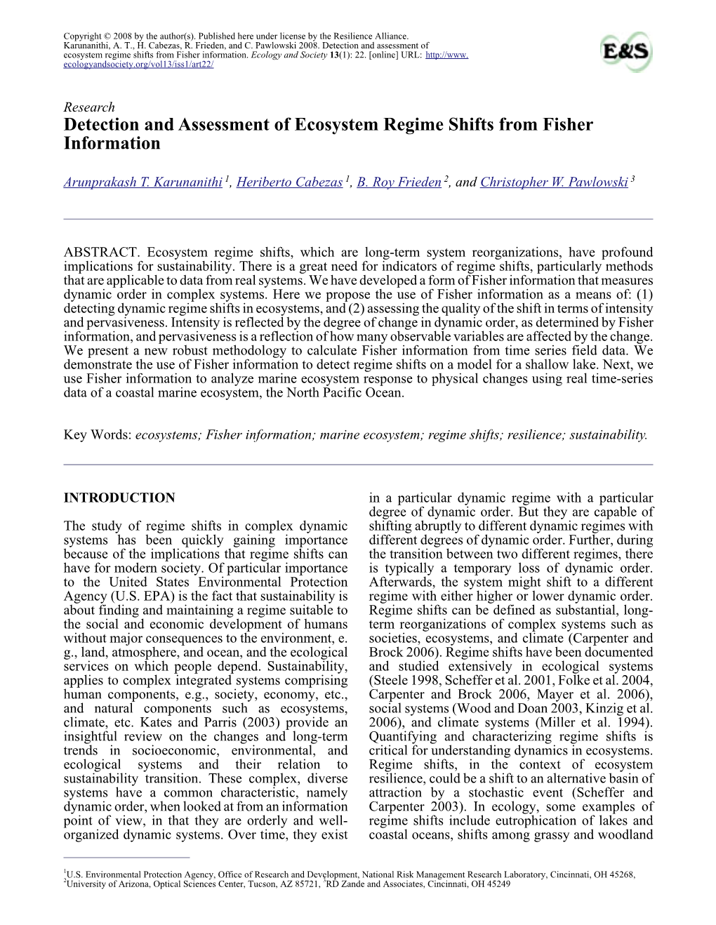 Detection and Assessment of Ecosystem Regime Shifts from Fisher Information