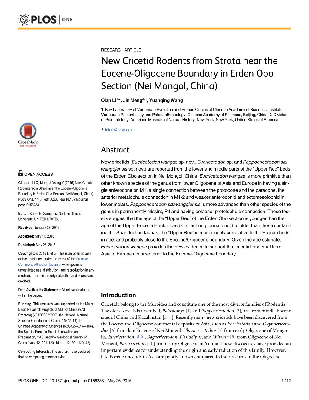 New Cricetid Rodents from Strata Near the Eocene-Oligocene Boundary in Erden Obo Section (Nei Mongol, China)