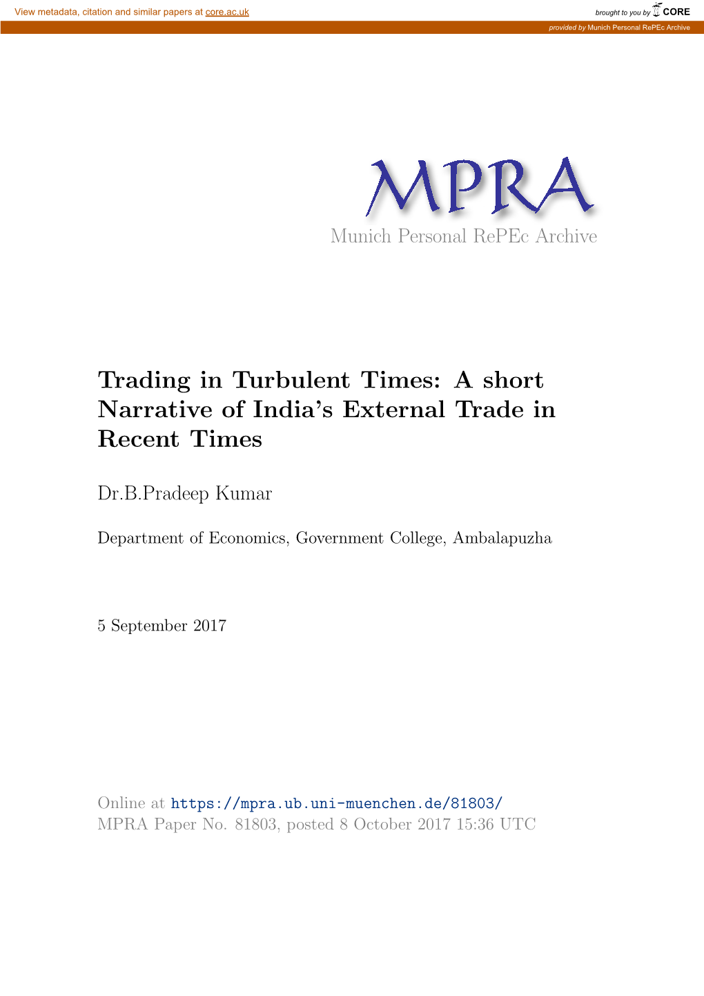 A Short Narrative of India's External Trade in Recent Times