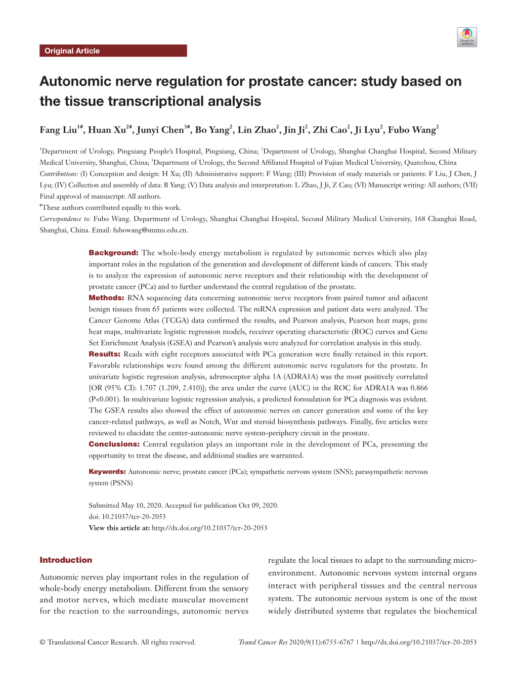 Autonomic Nerve Regulation for Prostate Cancer: Study Based on the Tissue Transcriptional Analysis