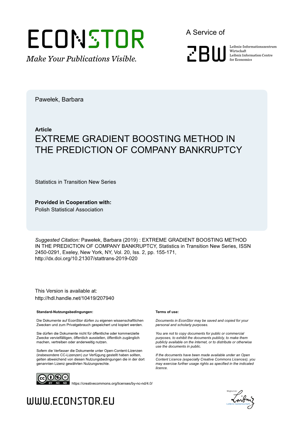 Extreme Gradient Boosting Method in the Prediction of Company Bankruptcy