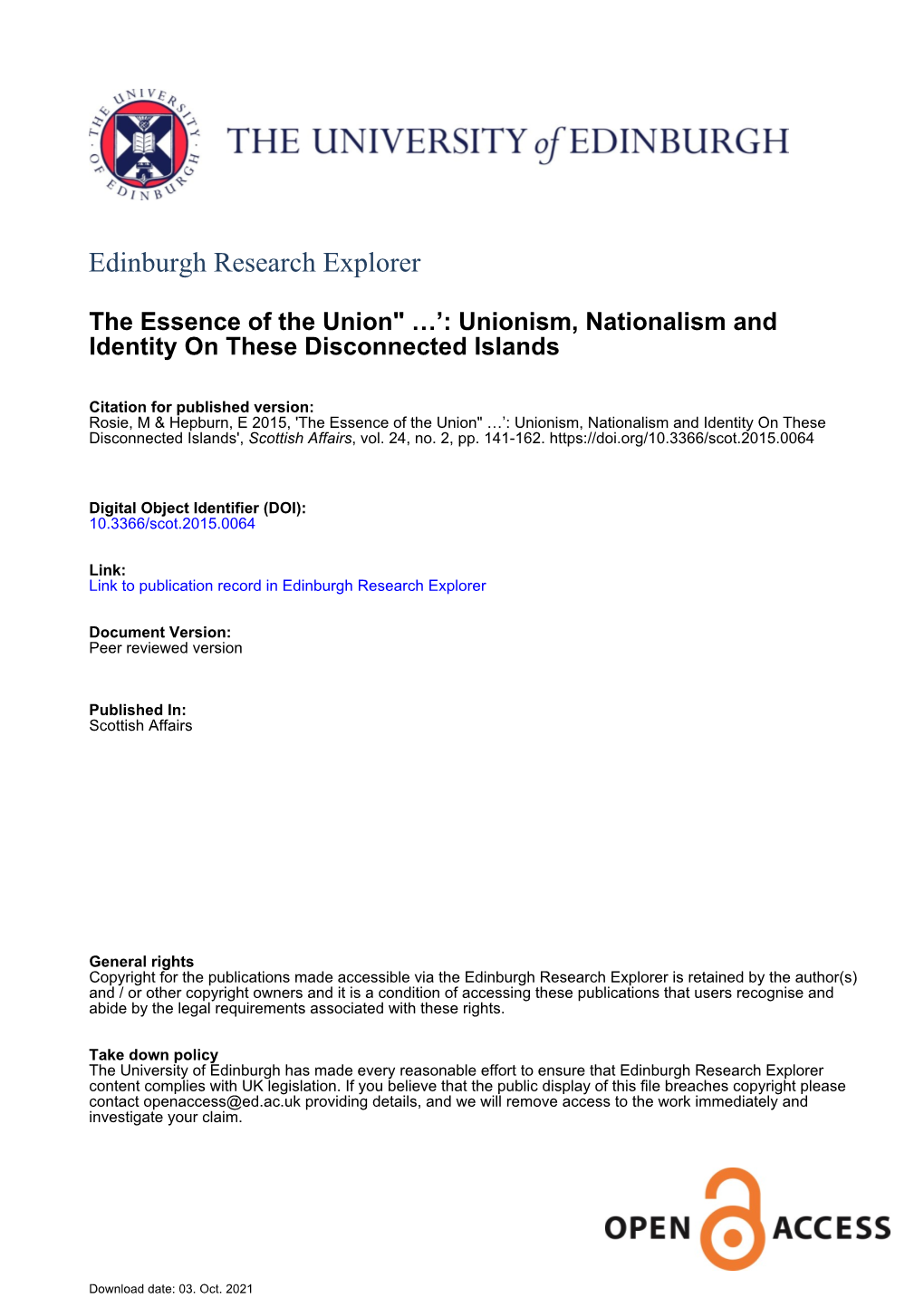 Unionism, Nationalism and Identity on These Disconnected Islands', Scottish Affairs, Vol