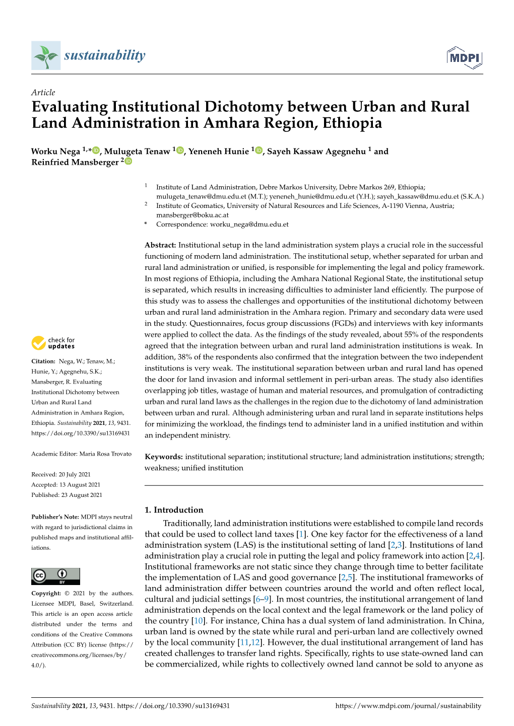 Evaluating Institutional Dichotomy Between Urban and Rural Land Administration in Amhara Region, Ethiopia