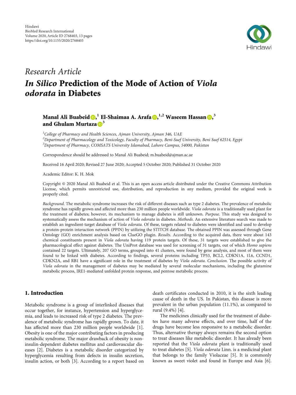 In Silico Prediction of the Mode of Action of Viola Odorata in Diabetes