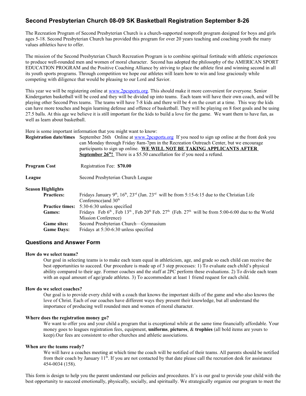 Second Presbyterian Church 2004 Spring Soccer Registration Jan