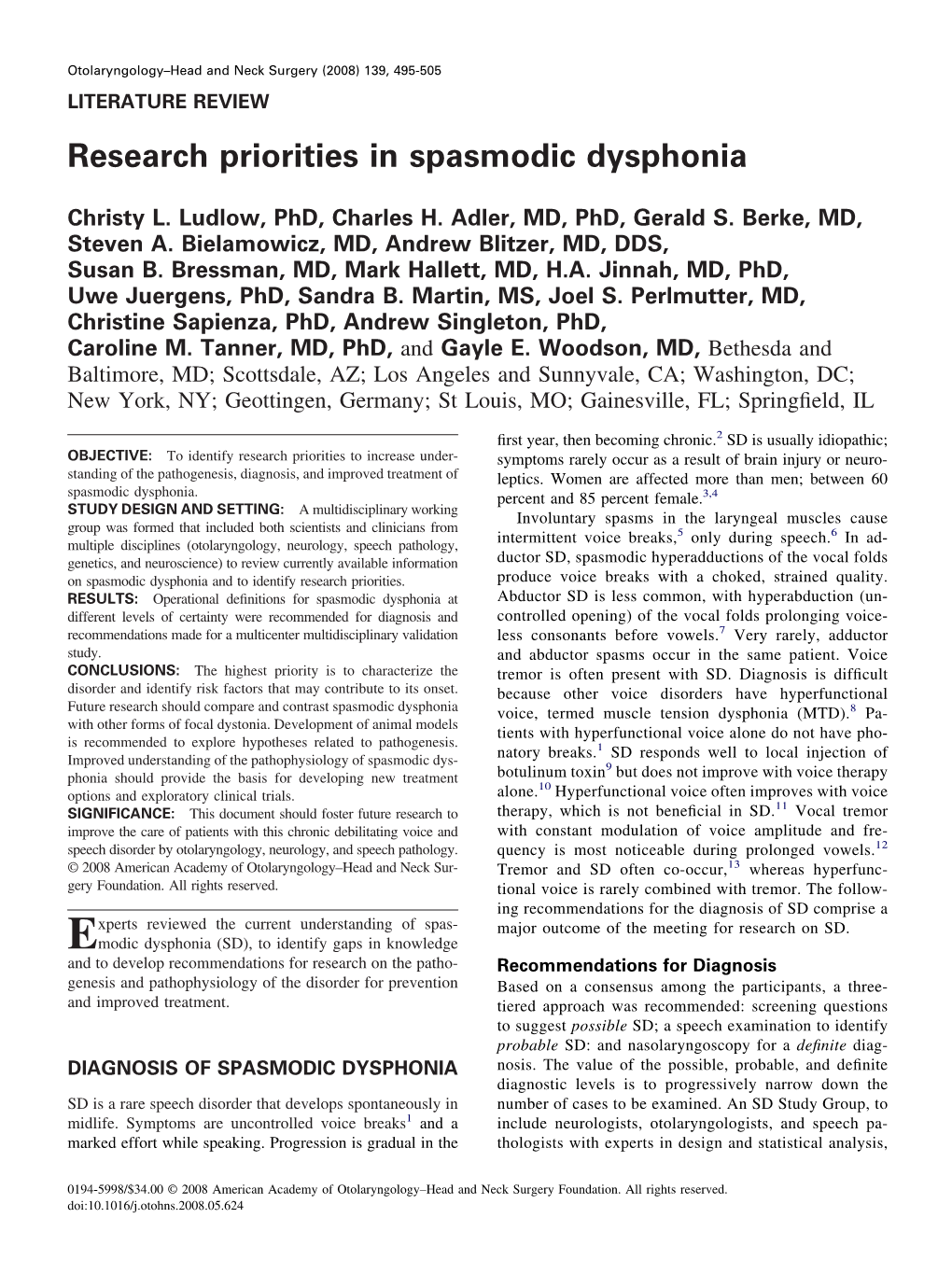 Research Priorities in Spasmodic Dysphonia